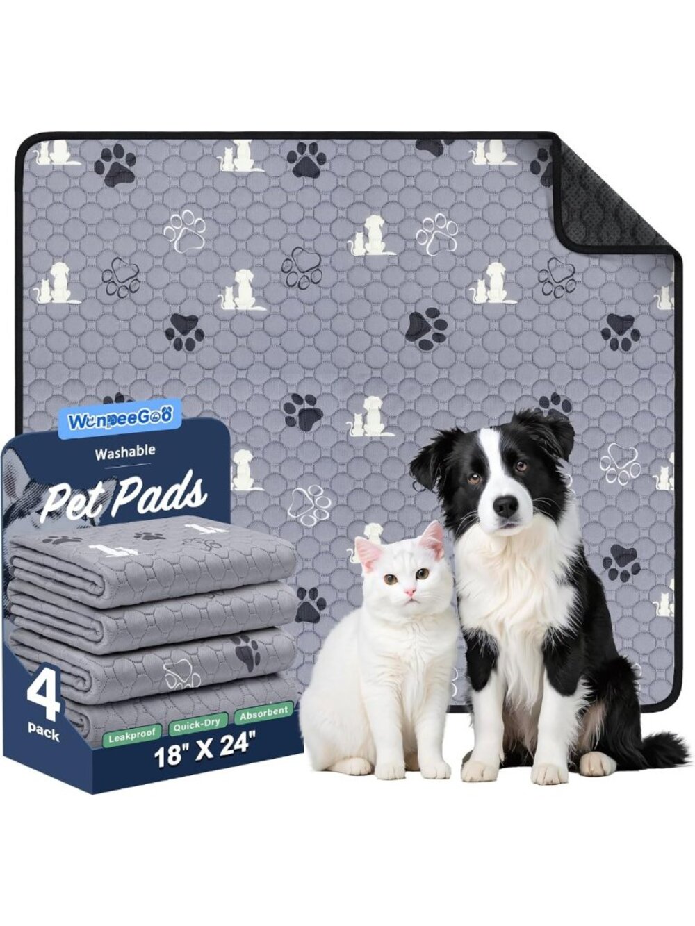 Waterproof Washable Dog Pee Pads, 18x24 in, 4 Pack, Gray - Pet Training